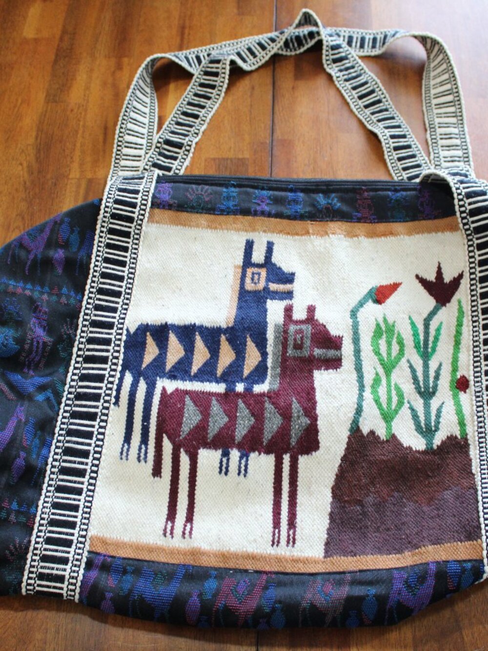 XL Duffle Bag from Peru Hand Stitched Llamas Alpaca Wool Inca Design 24x18"